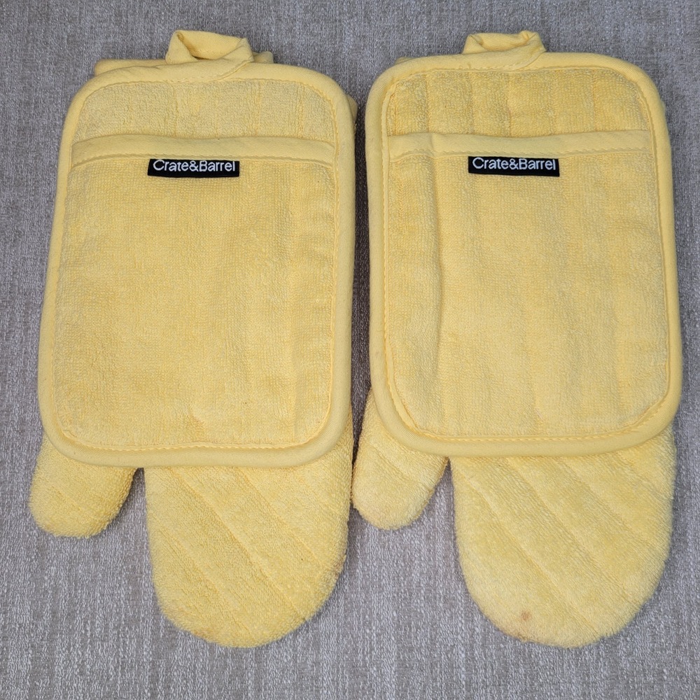 Crate & Barrel Oven Mitt Potholders Set Yellow Terry Duo Kitchenware NEW